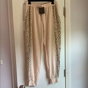 Le Lis Cream and Tan Track Pants with Leopard Accents
